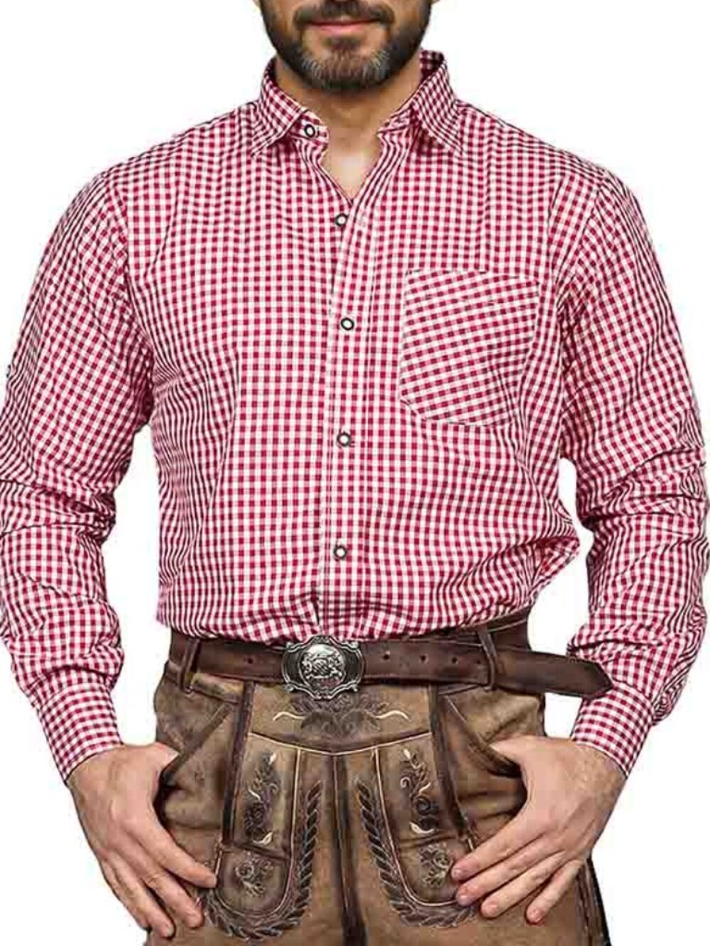 Red Gingham Bavarian Shirt for Men | Oktoberfest Trachten Shirt